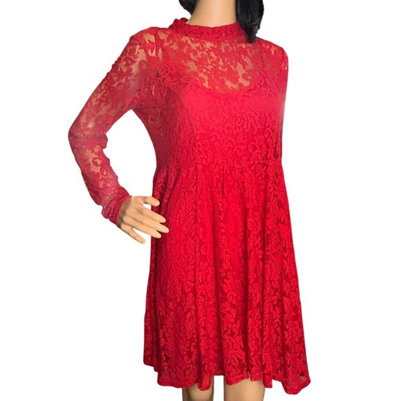 Free People Women Layered Lace Babydoll Dress Red Small Fairycore Romantic Boho - Picture 1 of 13